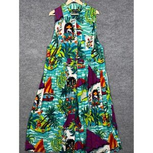 Vtg Carole Little Size 14 Maxi Shirt Dress Green Tropical Button Front Vacation